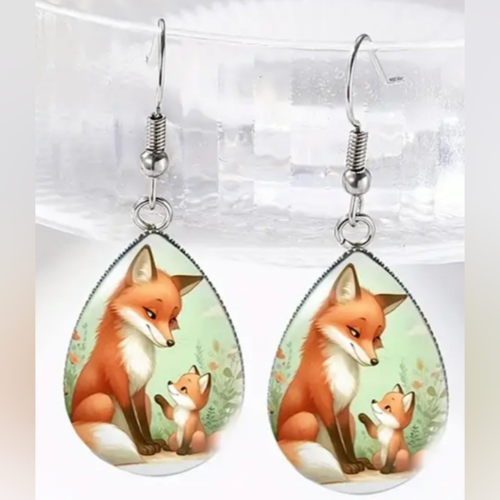 Western wildlife Animal Print earrings Boho‎ Vintage fox glass drop dangle